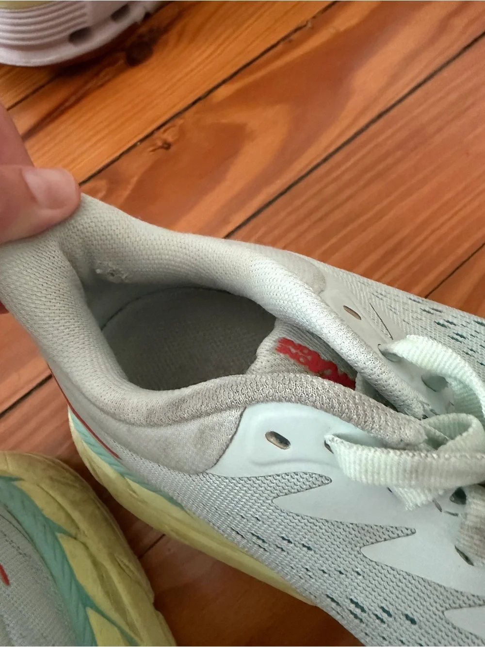 Hoka Women's Light Mint Athletic Shoes with Yellow Midsole and Coral Logo size 7